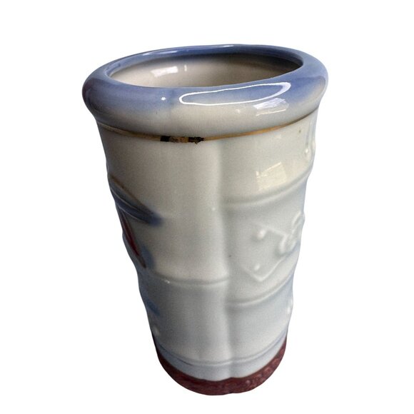 Handcrafted Ceramic Bamboo-Inspired Vase With Red & Gold Dragonfly Design Japan - Picture 5 of 7